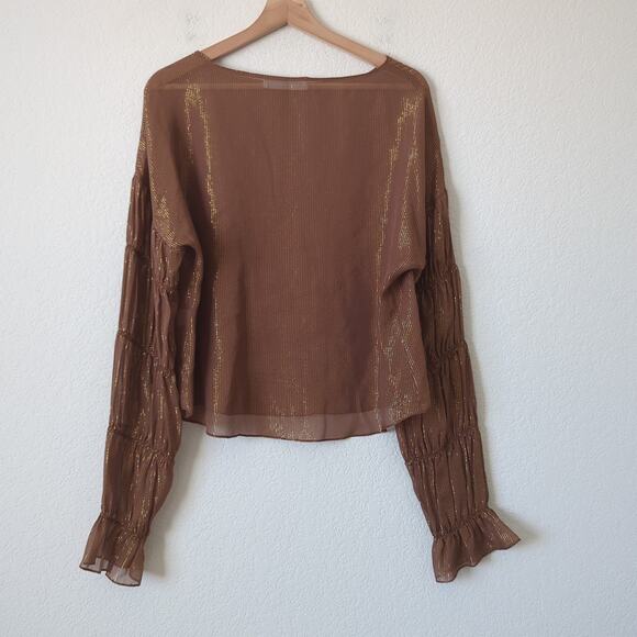 Amanda Uprichard Blouse Large Womens Top Sheer Long Sleeve Gold Metallic Silk - Picture 3 of 9